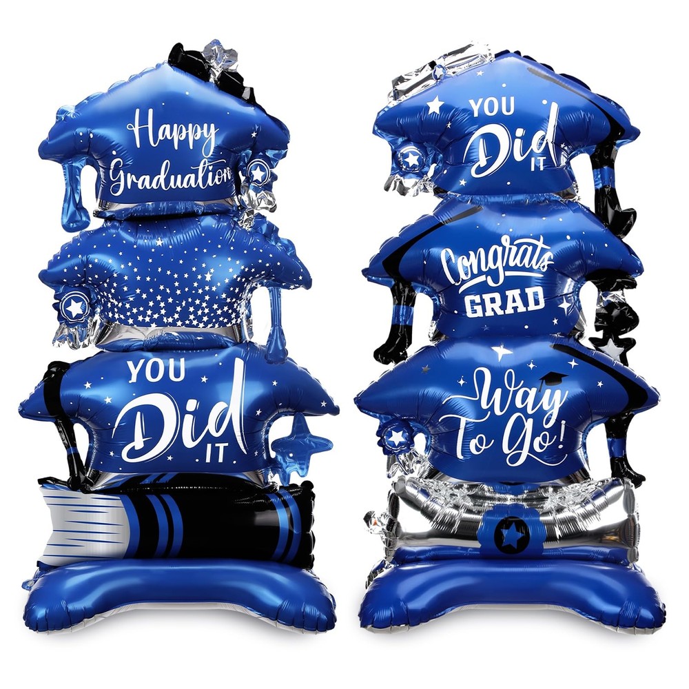 2 Pcs 37″ Blue and Silver Graduation Caps Foil Balloons Giant Self Standing C…