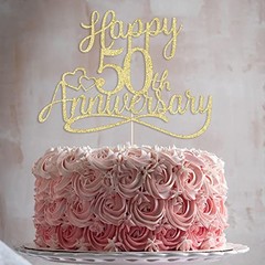golden Glitter Happy 50th Anniversary Cake Toppers -Wedding 50th Gold