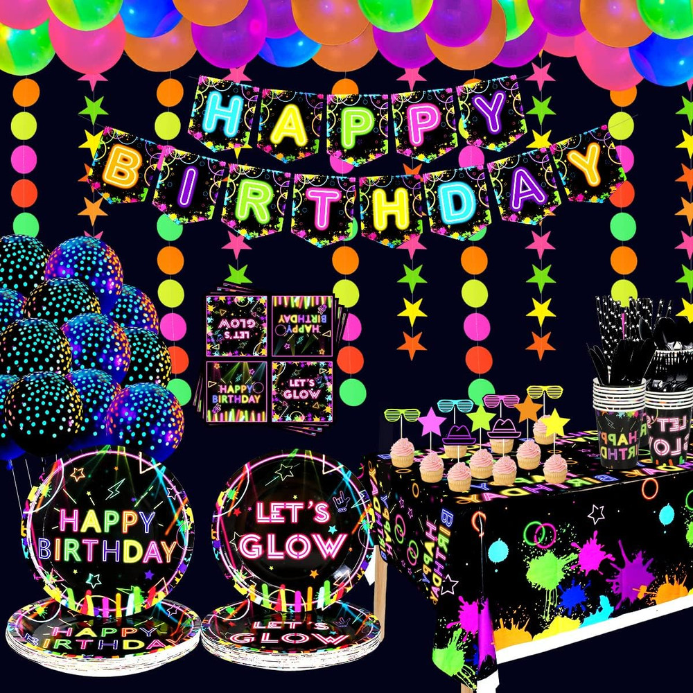 Glow Neon Party Supplies- Glow in the Dark Glow Happy Birthday Banner, Plates, T