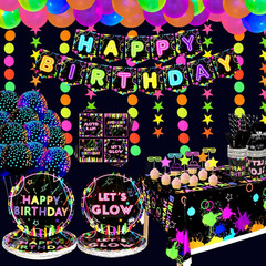 Glow Neon Party Supplies- Glow in the Dark Glow Happy Birthday Banner, Plates, T