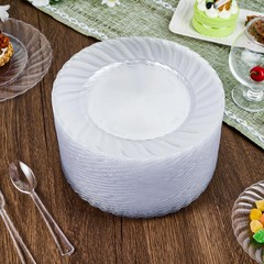 FOCUSLINE 100 Count Clear Plastic Plates 9 Inch, Disposable Heavy Duty Dinner…