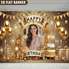 2D Golden Theme Personalized Birthday Custom Poster Name Photo Backdrop Banner❀