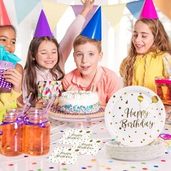 75PCS Happy Birthday Paper Plates – 7 Inch White Gold Dot Paper Plates and 6.5