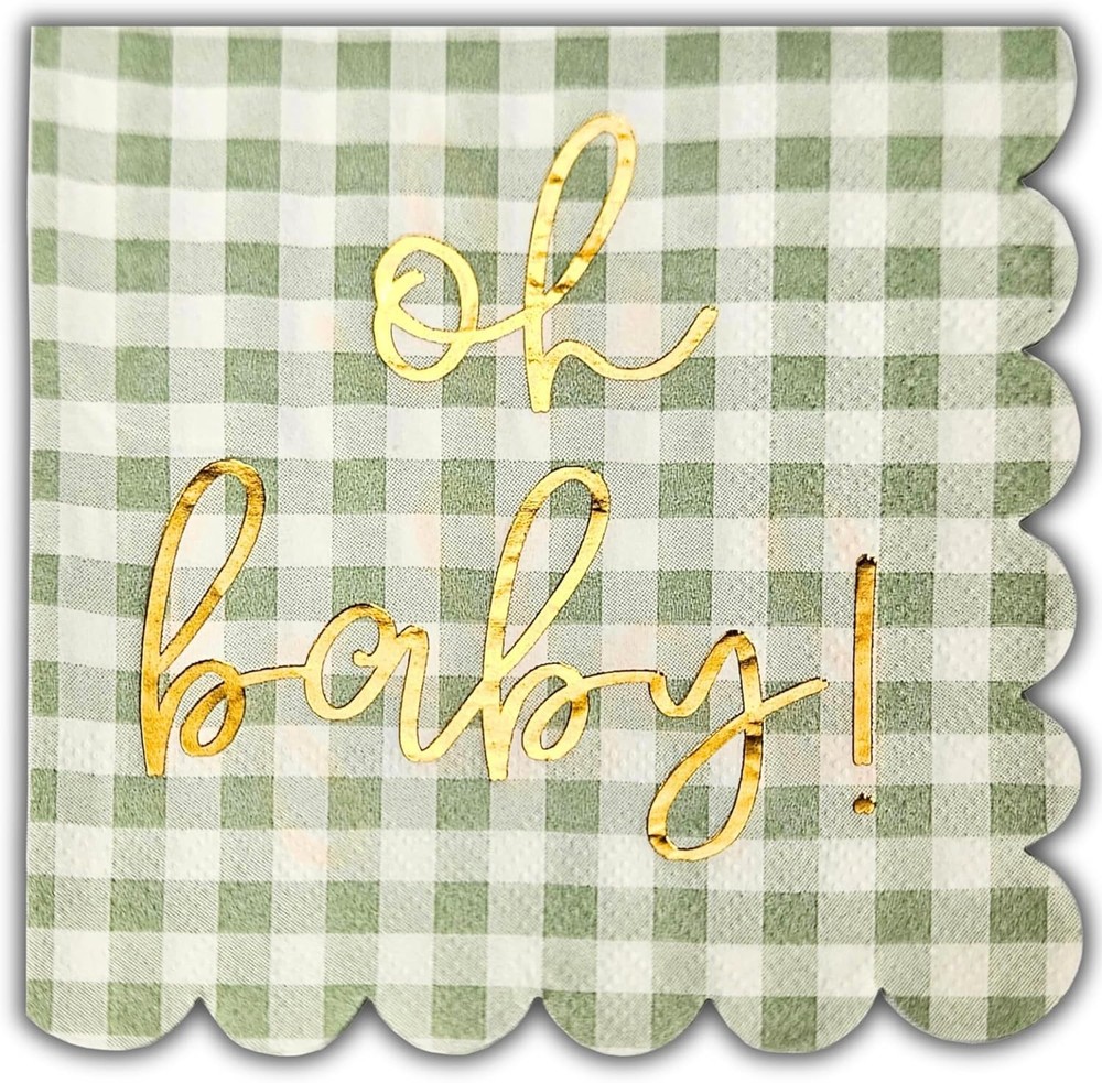 Oh Baby’ Baby Shower Decorations, 50 Pack, Gold Oh Baby Napkins in Plaid Sage