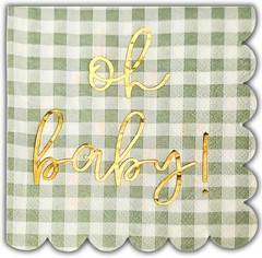 Oh Baby’ Baby Shower Decorations, 50 Pack, Gold Oh Baby Napkins in Plaid Sage