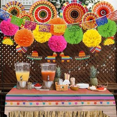 Recosis Fiesta Party Decorations Multicoloured Tablecover Paper Fans Pompoms …