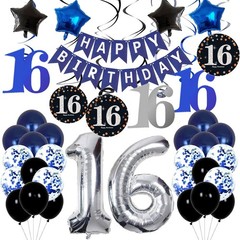 Stylish Happy Birthday Decorations with Silver Number 16 in Dark Blue Theme