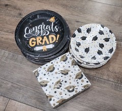 Gold White & Black Complete Graduation Party Paper Plates and Napkins Any Year