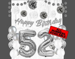 Silver & White 52nd Birthday Decorations – 40″ Number Balloons &More-Boy or Girl