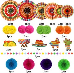 ZERODECO Mexican Party Decorations, 21 Pcs Multi-color Paper Fans, Pom Poms Flow