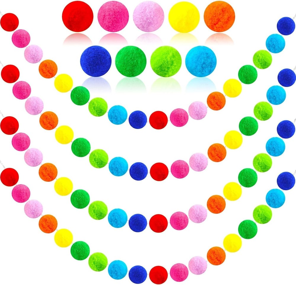 4 Pack 26.3 Feet Colorful Pom Pom Garland Decorations, 30 Balls Rainbow Felt