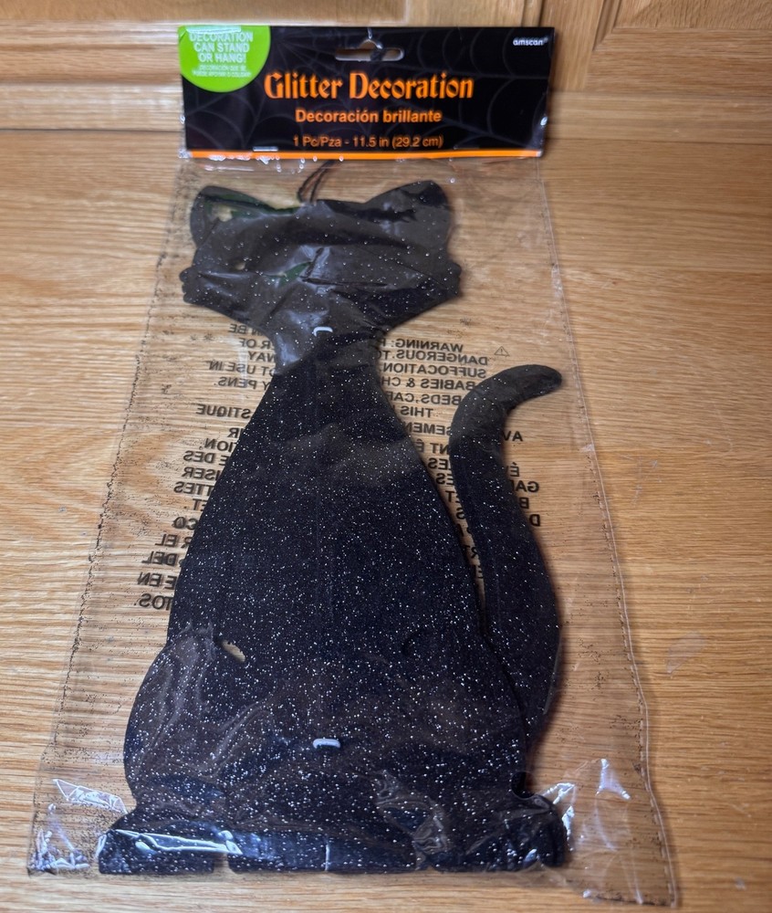 11.5″ Glitter Black Cat Hanging or Standing Centerpiece Halloween Decorations