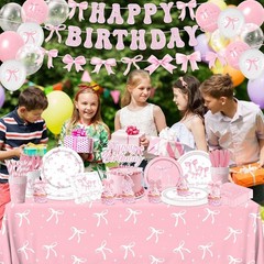 Pink Bow Birthday Party Supplies Set for 24 Guests Coquette Tableware Decor