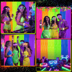 2 Pack Glow in the Dark Tinsel Curtains, Neon Party Decorations 3.3 X 6.6 Ft Bla