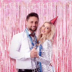 Sparkling Pink Tinsel Fringe Curtains 2 Pack, Foil Streamers Backdrop, Pink