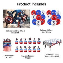 Captain America Party Decor Set Plates Balloons Cake Toppers Banner Tablecloth