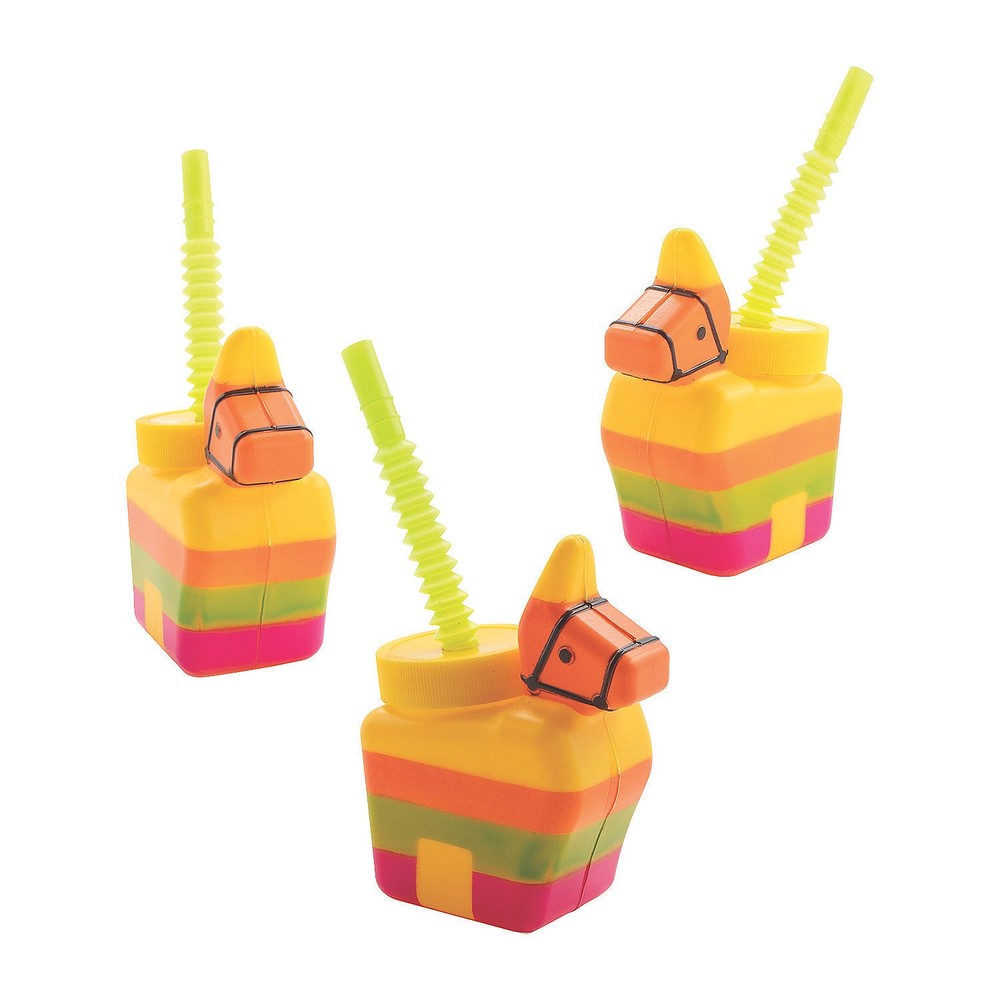 Fun Express 6 oz. Piñata Donkey Reusable BPA-Free Plastic Cups with Lids & Straw