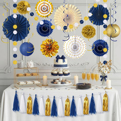 34 Pcs Blue and Gold Party Decorations, Hanging Paper Lanterns Fans Blue gold