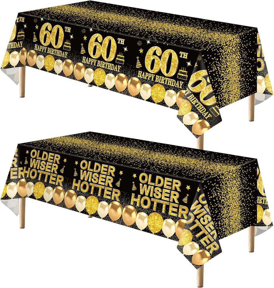 2pcs 60th Birthday Tablecloth, Black Gold 60th Birthday Decorations for Men Wome