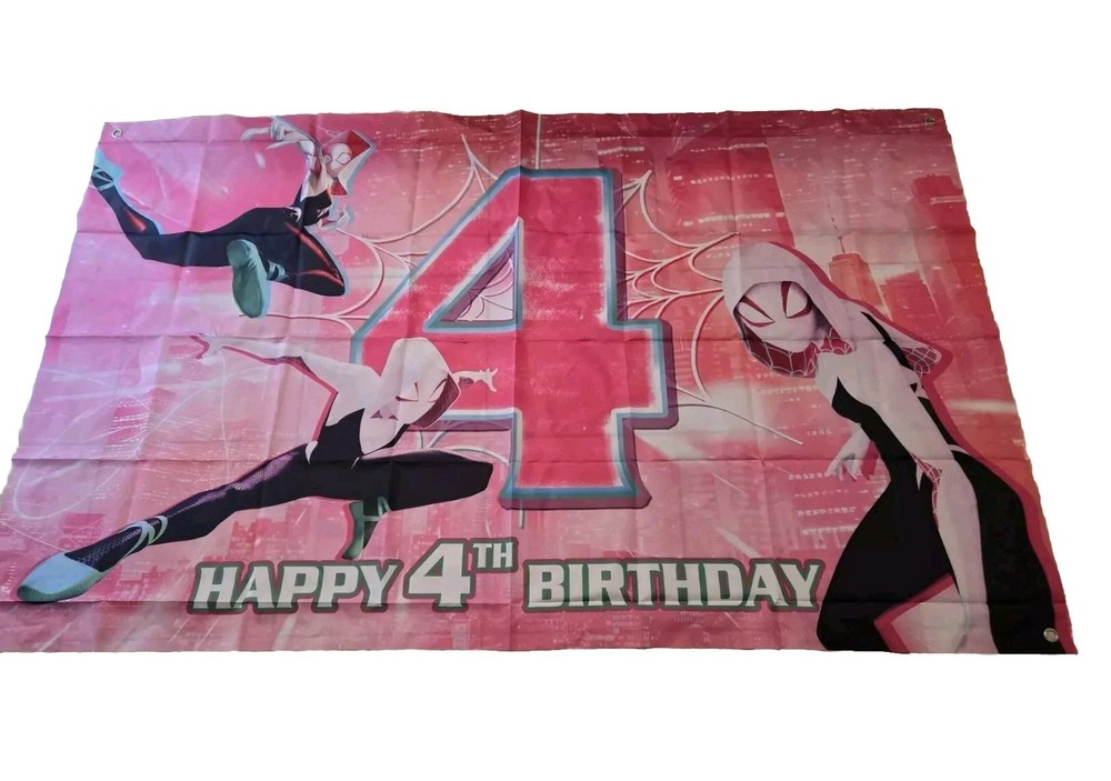 Spidey Girl Character Happy 4th Birthday Backdrop-34×86 Inches