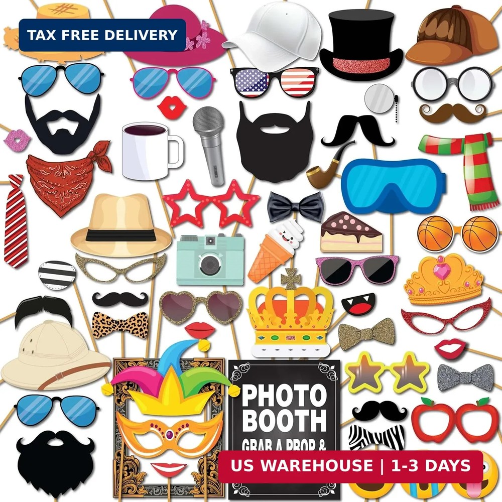 Party Photo Booth Props – 60-pc Photobooth Kit with 8 x 10-Inch Sign, 60 Adhesiv