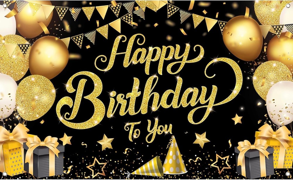KatchOn, Black & Gold Happy Birthday Back Drop Photo Booth Banner, 72×44 Inch