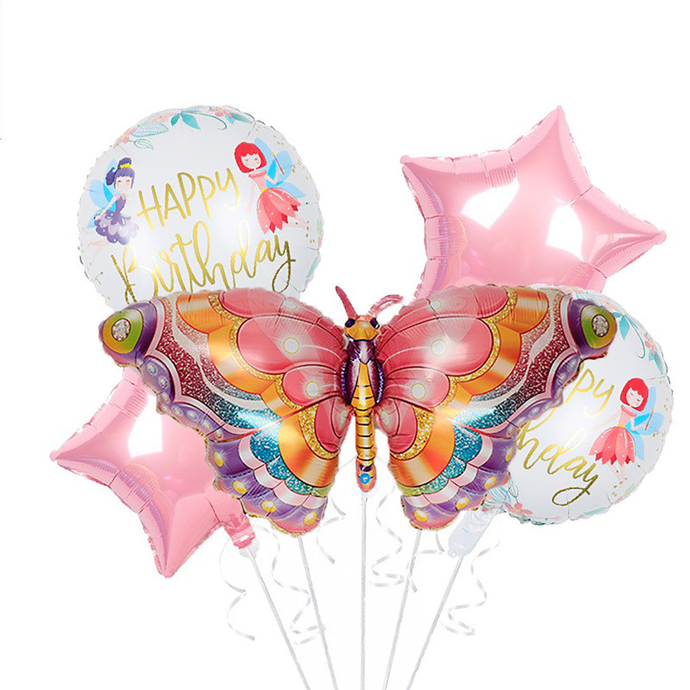 Happy Birthday Balloons Set Butterfly Pink Foil Mylar Balloons Party Decoration
