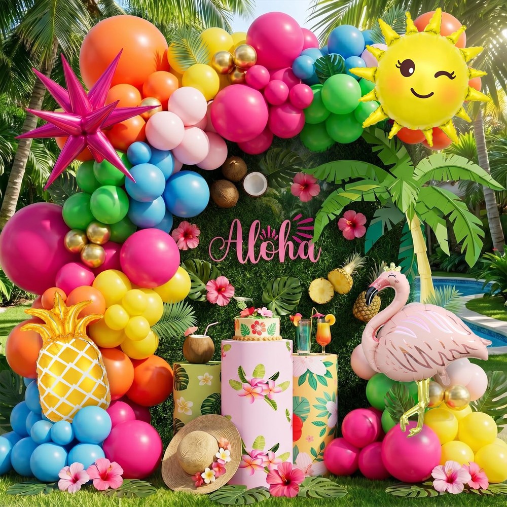 Flamingo Tropical Balloon Set Hot Pink Orange Yellow Green Blue Gold Decor
