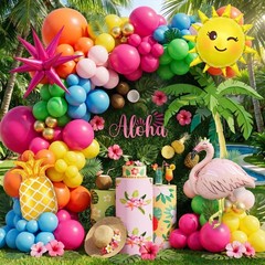 Flamingo Tropical Balloon Set Hot Pink Orange Yellow Green Blue Gold Decor