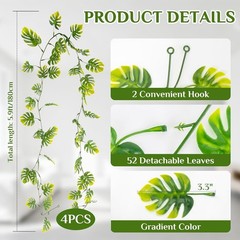 4PCS Faux Greenery Leaf Garland – 5.9Ft Artificial Monstera Leaves Vines,