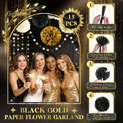Black Gold Party Decorations, 15 PCS Tissue Paper Pom Poms Kit for 2026 Graduati