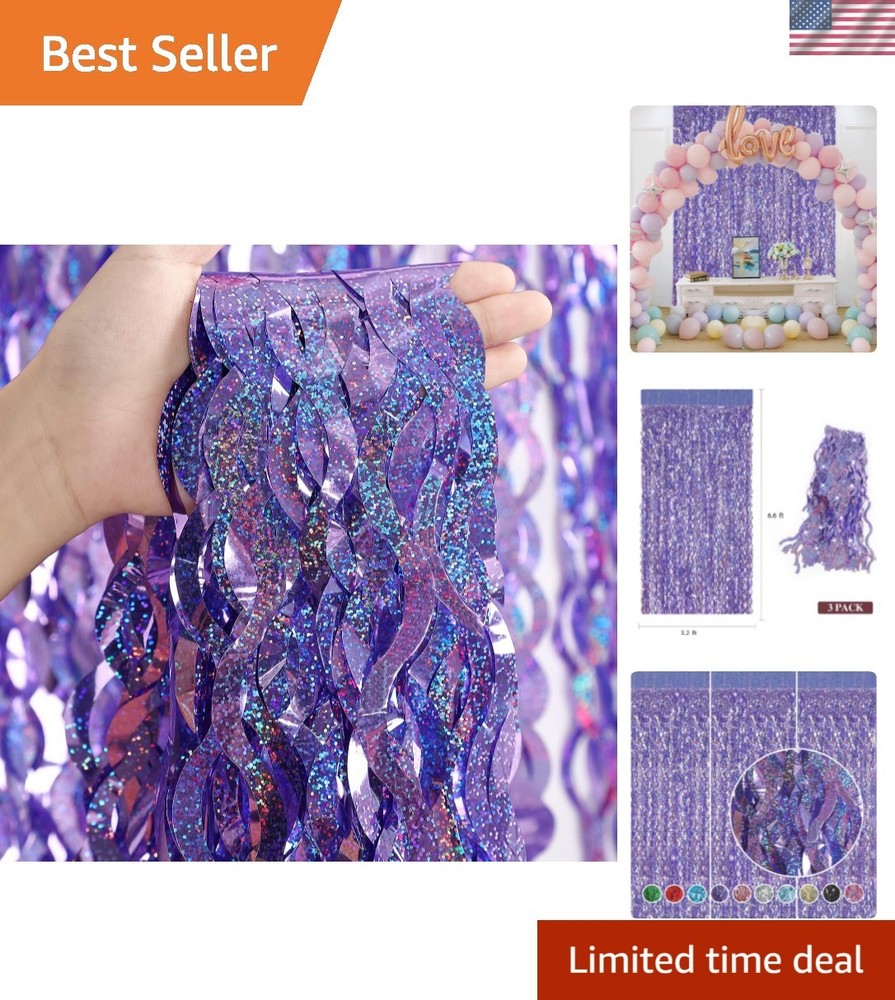 Purple Foil Fringe Curtains Party Decorations – 3 Pack 3.3 ft x 6.6 ft Foil P…