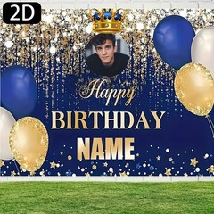 1pc 2D Blue Golden Crown Personalized Birthday Custom Poster Tapestry Banner ❀