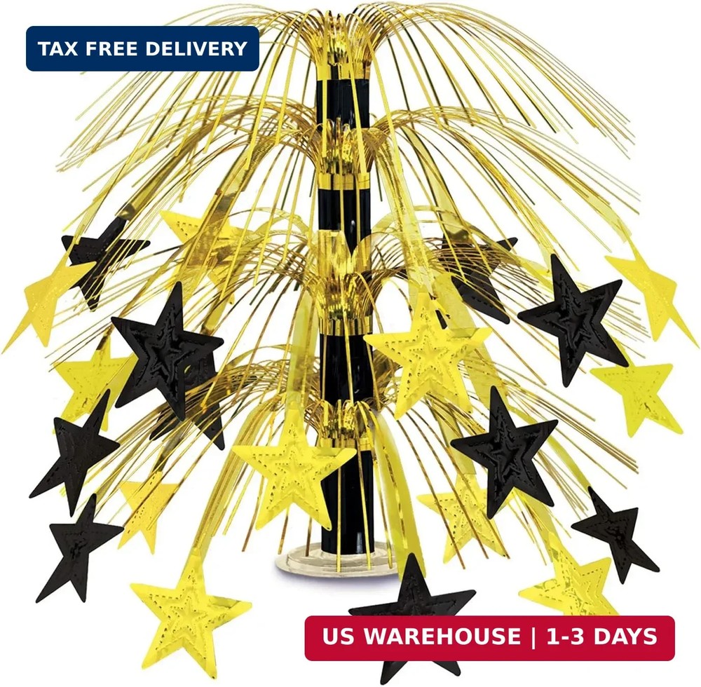 Beistle Star Cascade Centerpiece – Metallic Gold and Black Fringe Table Decorati