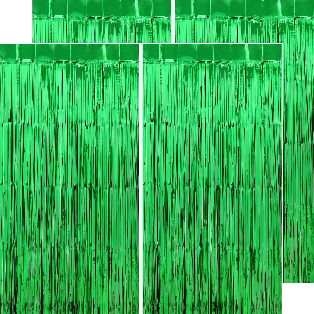 Green Party Decorations Tinsel Curtains, 4 Pack 3.2×8.2 FT Extra Long, Green