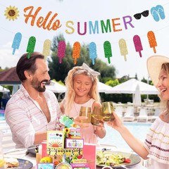 Summer Garland Hello Summer Banner W/ Colorful Glittery Popsicle Banner