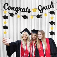 2026 Graduation Decorations – Glitter Black & Gold Congrats Grad Banner 10ft | C
