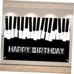 Piano Happy Birthday Banner Backdrop Black White Music Piano Keyboard Theme