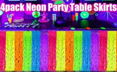 4 Pack Neon Tinsel Foil Fringe Table Skirts 108 x 29.5 Inch Glow in The Dark