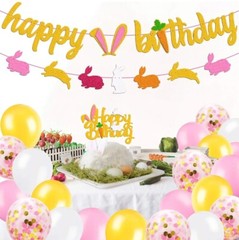 Bunny Birthday Decorations Kit Rabbit Theme Happy Birthday Banner Cake Topper 📦