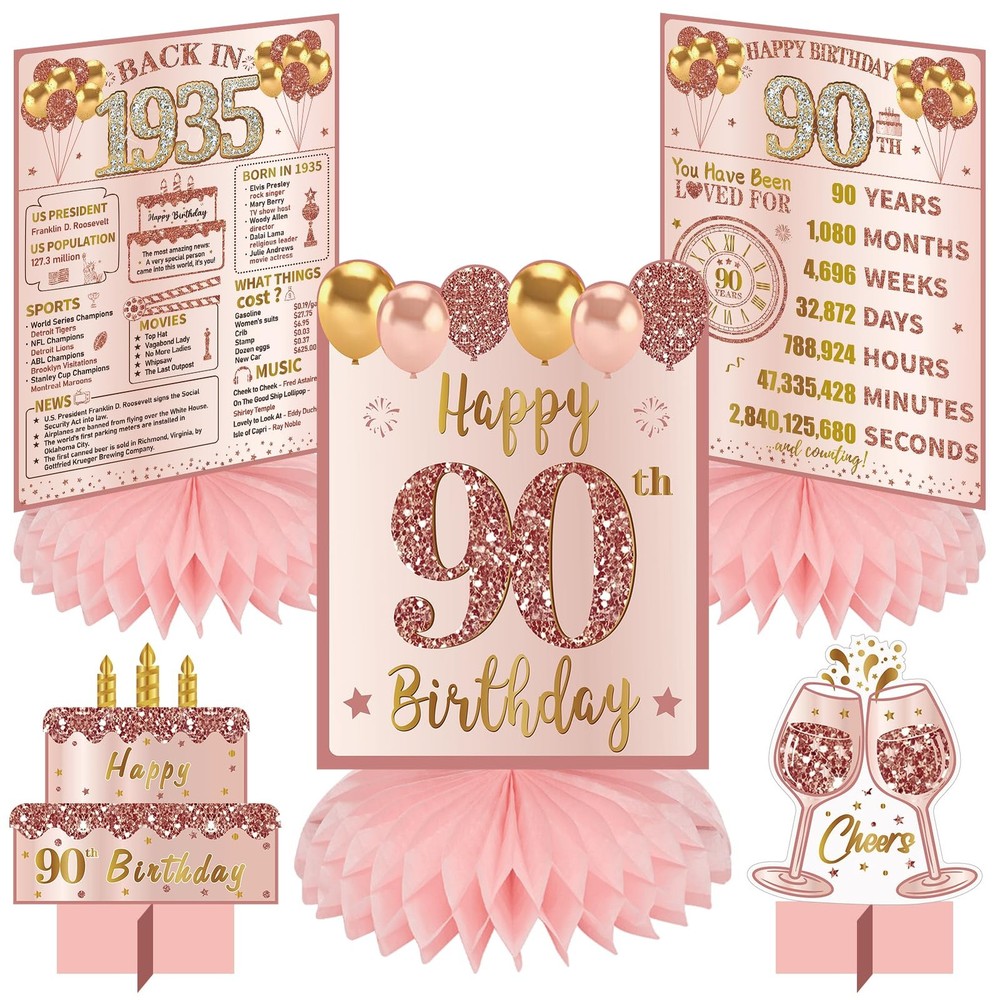 90th Birthday Decorations for Women Pink Rose Gold The Year 1935 Happy 90th B…