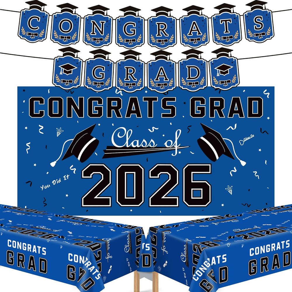 Graduation Decorations 2026 Blue Class of 2026 Banner Backdrop Tablecloth Set