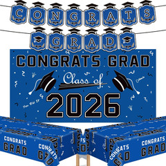 Graduation Decorations 2026 Blue Class of 2026 Banner Backdrop Tablecloth Set