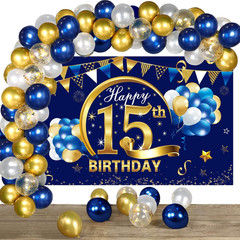 Blue Gold 15Th Birthday Banner with Confetti Balloon Arch, Happy Fifteen Banner