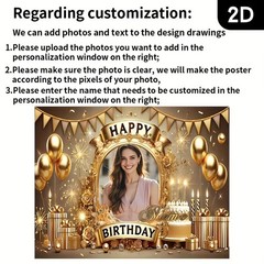 2D Golden Theme Personalized Birthday Custom Poster Name Photo Backdrop Banner❀
