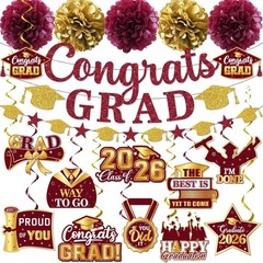 Maroon Graduation Decorations 2026, Glitter Congrats Grad Banner Hanging Swir…