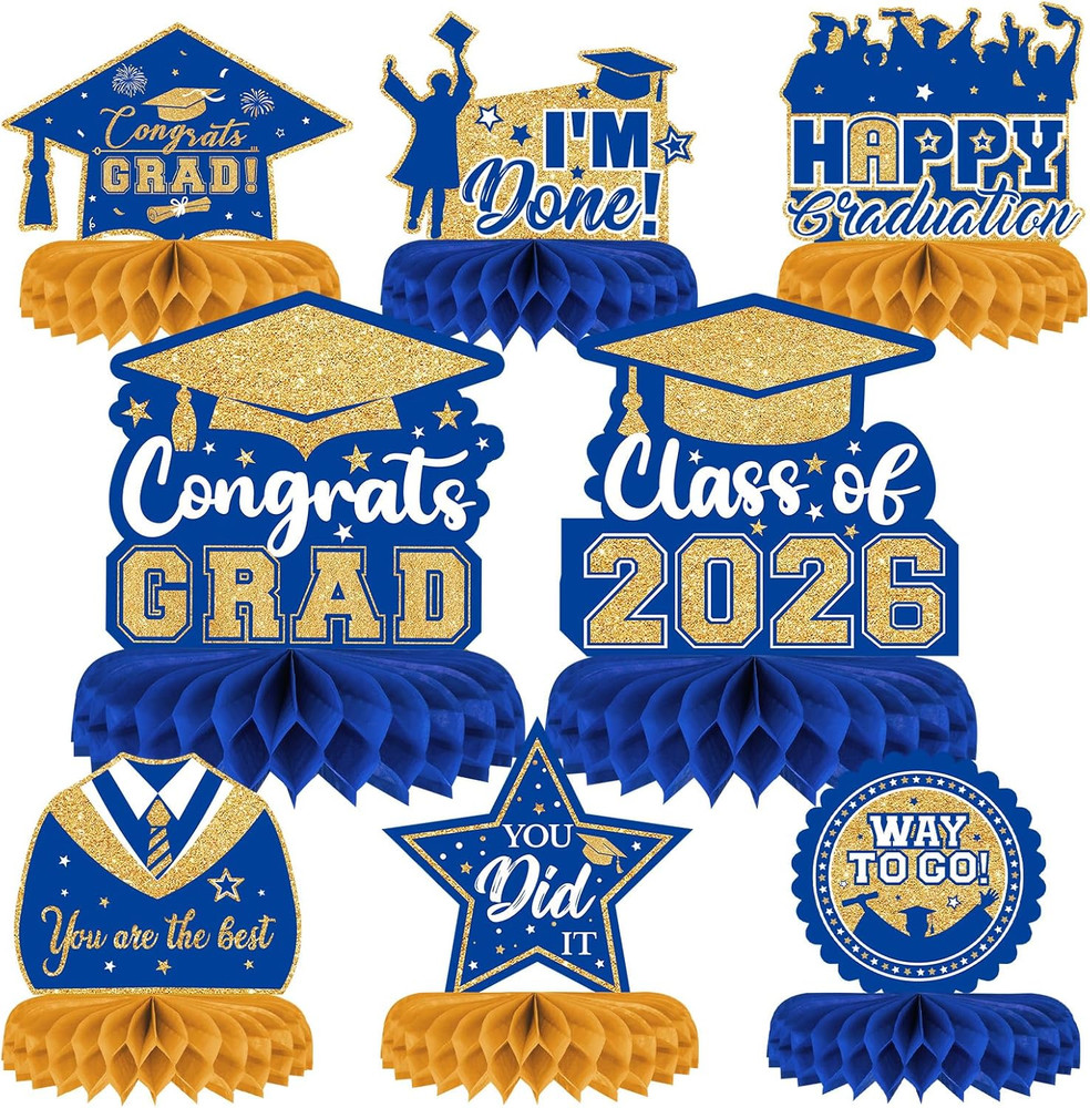 Class of 2026 Graduation Table Decor Congrats Grad Centerpieces Blue Gold 8Pk