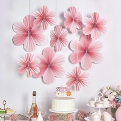 9 PCS Pink, Cherry Blossom Party Decorations, Paper Fans, Floral Backdrop, Decor