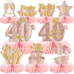 9Pcs 40th Birthday Decorations Pink Rose Gold Honeycomb Centerpieces for Women,H