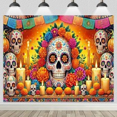 Colorful Día de los Muertos Backdrop Banner – Sugar Skulls & Flowers, 8x6ft Part